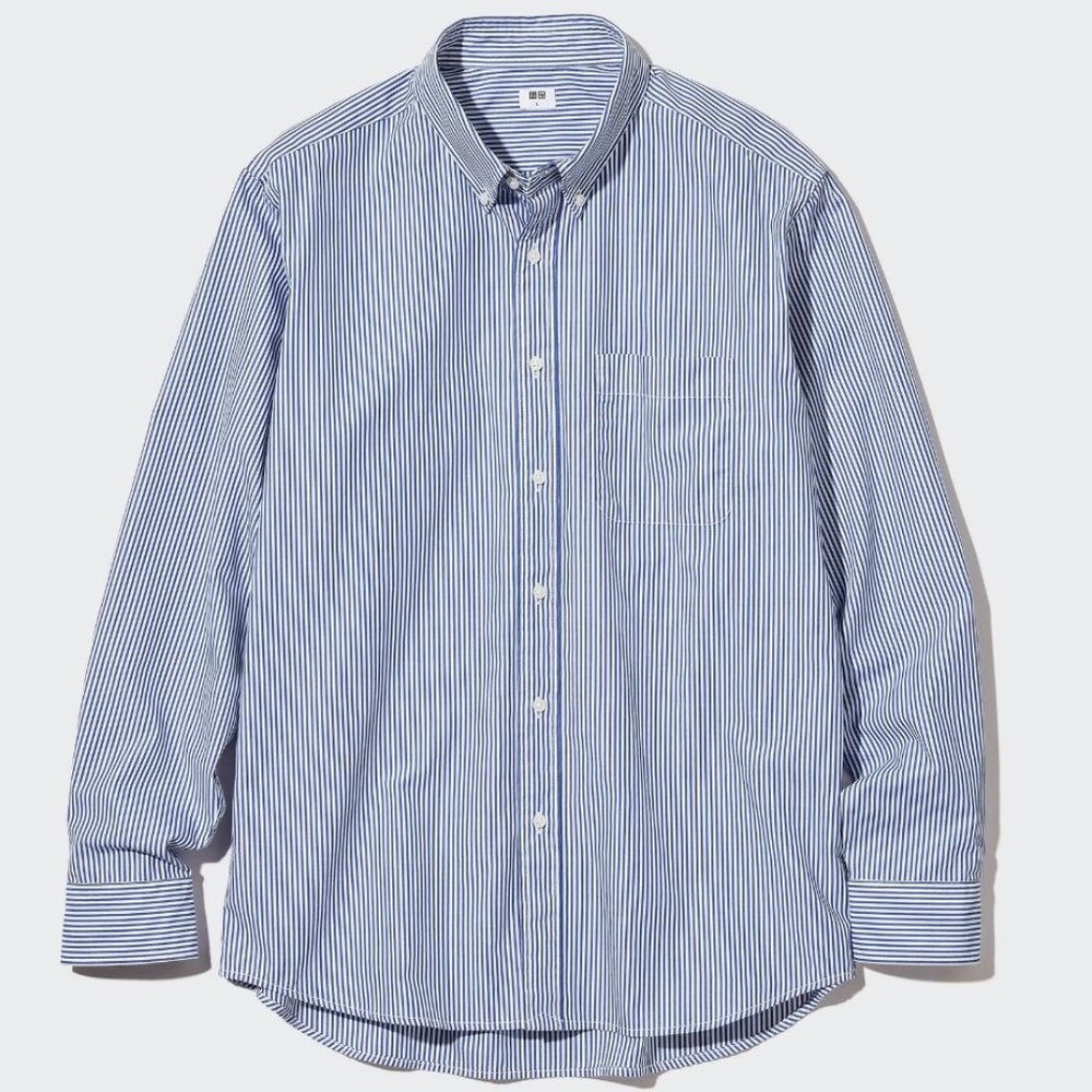 Uniqlo M Cotton Broadcloth Long-Sleeve Shirt | Classic Blue & White Stripe